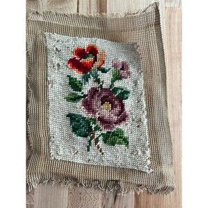 Vintage Completed Needlepoint Purple & Red Flowers Small 5" x 6.5" Flawed